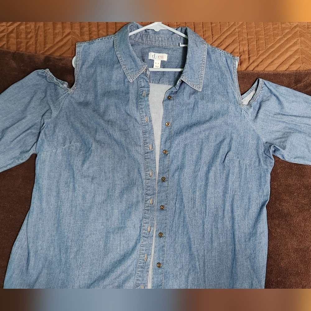 D&Co Blue Denim Long Sleeve Open Shoulder Shirt, XL